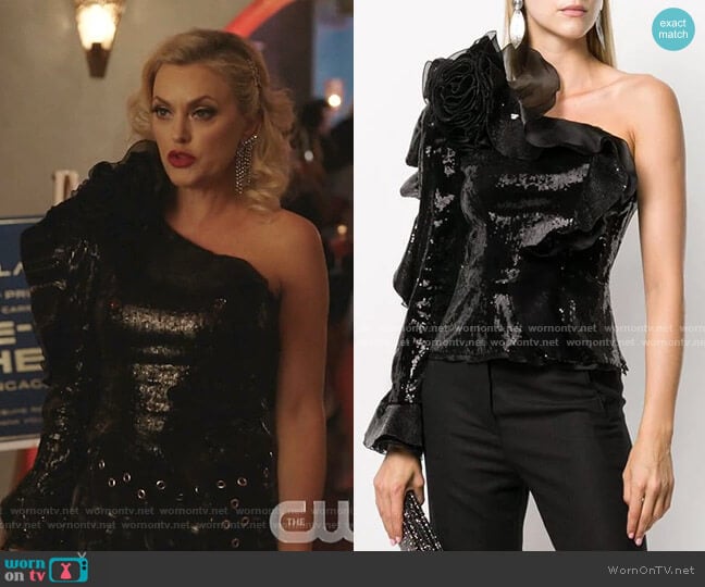 Ruffled One-Shoulder Sequin Top by Dundas worn by Alexis Carrington (Elaine Hendrix) on Dynasty