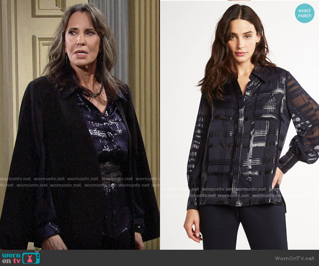 Elie Tahari Shauna Lurex Plaid Blouse worn by Jill Abbott (Jess Walton) on The Young and the Restless