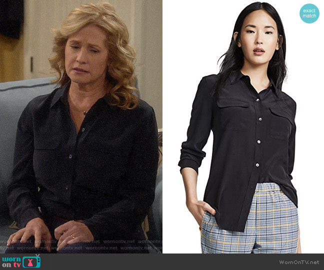 Equipment Slim Signature Silk Shirt in Black worn by Vanessa Baxter (Nancy Travis) on Last Man Standing