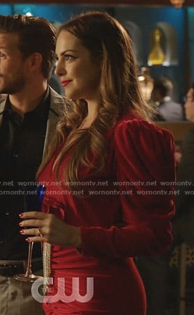 Fallon’s red puff sleeve velvet dress on Dynasty