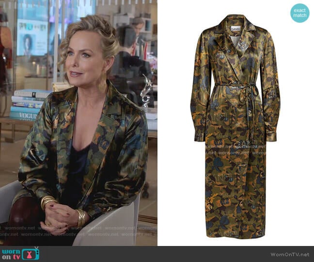 Camouflage Heavy Satin Shirt Dress by Ganni worn by Jacqueline (Melora Hardin) on The Bold Type