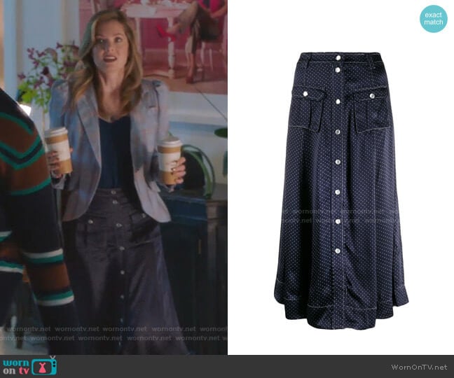 Dot Print Midi Skirt by Ganni worn by Sutton (Meghann Fahy) on The Bold Type