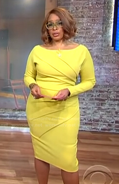 Gayle King’s yellow pleated long sleeve dress on CBS Mornings