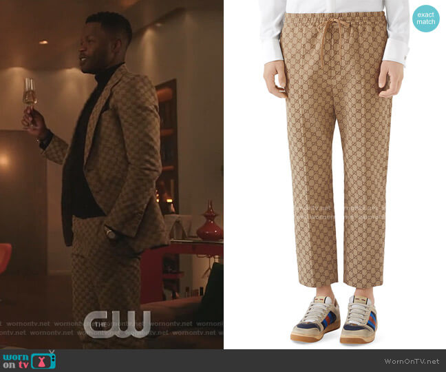 Logo-Print Drawstring Canvas Pants by Gucci worn by Jeff Colby (Sam Adegoke) on Dynasty