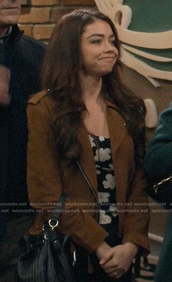 Haley's tan suede moto jacket on Modern Family