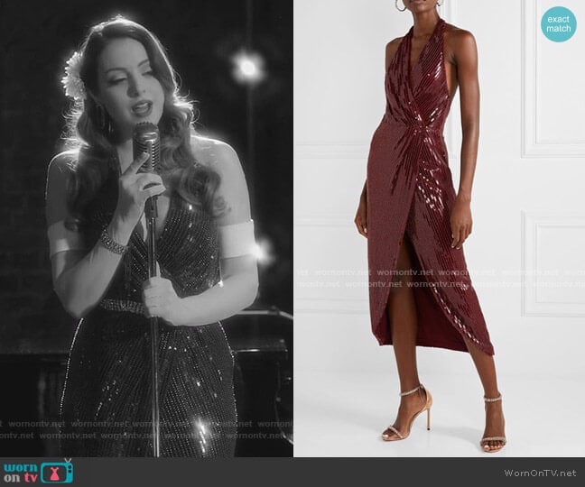 Aurora Wrap-Effect Embellished Mesh Halterneck Midi Dress by Haney worn by Fallon Carrington (Elizabeth Gillies) on Dynasty