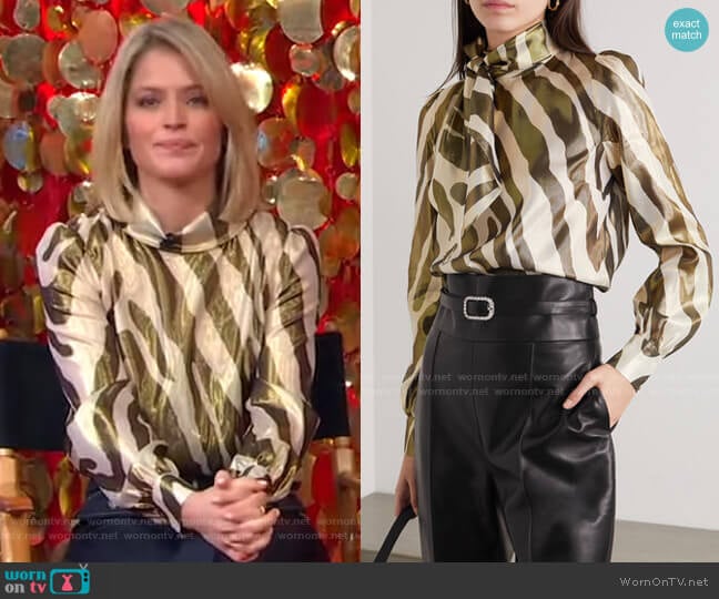 Billie Metallic Zebra-Print Blouse by Haney worn by Sara Haines on Good Morning America