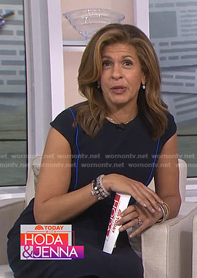 Hoda’s black cap sleeve dress with blue piping on Today