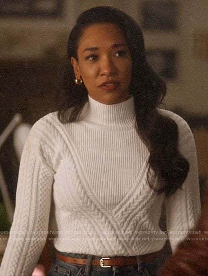 Iris’s white chevron cable knit sweater on The Flash