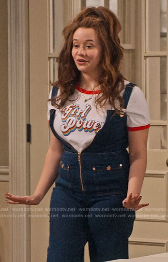 Jade's denim overalls and Girl Power tee on Family Reunion