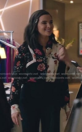Jane's black and white floral blouse on The Bold Type