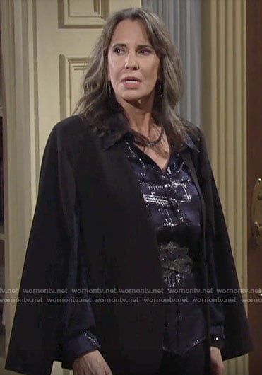 Jill's navy metallic plaid shirt and black cape on The Young and the Restless