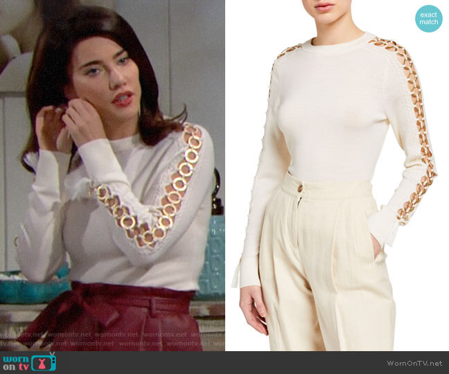 Jonathan Simkhai O-Ring Wool Crewneck Sweater worn by Steffy Forrester (Jacqueline MacInnes Wood) on The Bold and the Beautiful