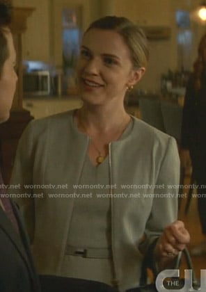 Katherine’s grey v-neck dress and jacket on Nancy Drew