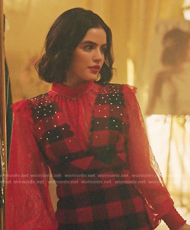 Katy Keene's red lace top and checked dress on Riverdale