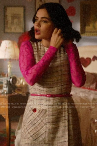 Katy’s tweed dress and pink lace top on Katy Keene
