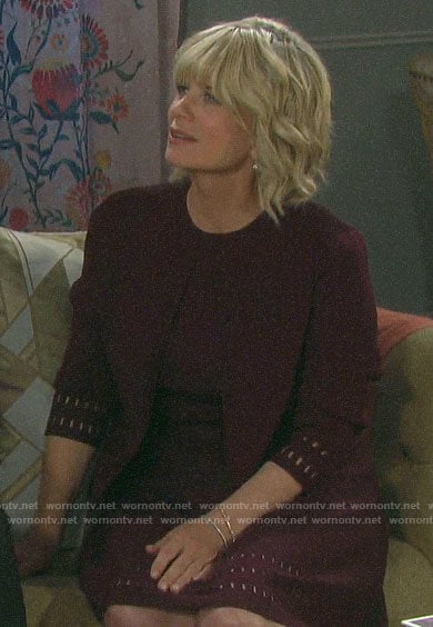 Kayla’s burgundy cutout dress and cardigan set on Days of our Lives