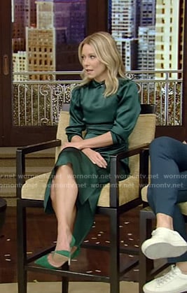 Kelly's green mock neck satin dress on Live with Kelly and Ryan