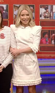 Kelly’s white ruffle-trim dress on Live with Kelly and Ryan