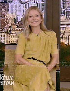 Kelly’s yellow corduroy midi dress on Live with Kelly and Ryan