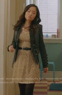 Janet's leopard print dress and black jacket on Kims Convenience