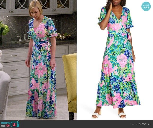 Lilly Pulitzer Emmerson Wrap Maxi Dress in Multi Island Escape worn by Jill Kendall (Jaime Pressly) on Mom