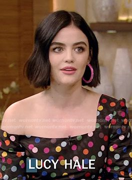 Lucy Hale’s polka dot one-shoulder dress on Live with Kelly and Ryan