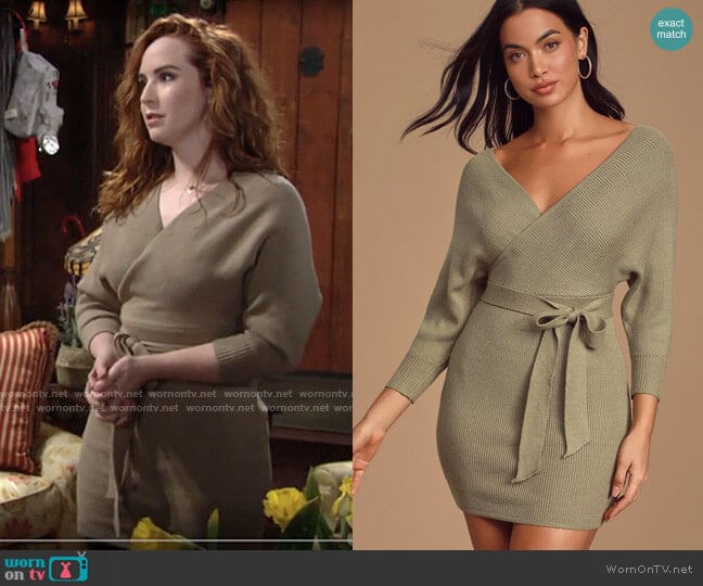 Lulus Modena Sage Green Dolman Sleeve Bodycon Sweater Dress worn by Mariah Copeland (Camryn Grimes) on The Young and the Restless