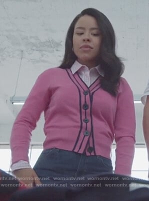 Mariana's pink cardigan and check blouse on Good Trouble