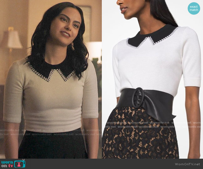 Michael Kors Pearl Embroidered Cashmere Trompe L'oeil Pullover worn by Veronica Lodge (Camila Mendes) on Riverdale