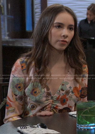 Molly's pink floral cinched front top on General Hospital