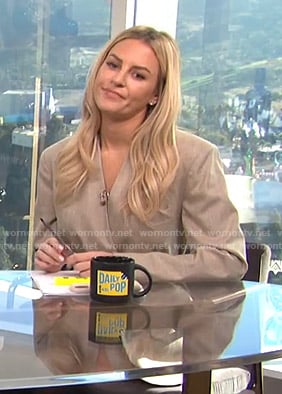 Morgan's beige wrap belted jacket on E! News Daily Pop