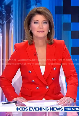 Norah’s red double breasted blazer on CBS Evening News