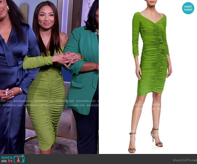 Slinky Off-the-Shoulder Ruched Dress by Norma Kamali worn by Jeannie Mai on The Real