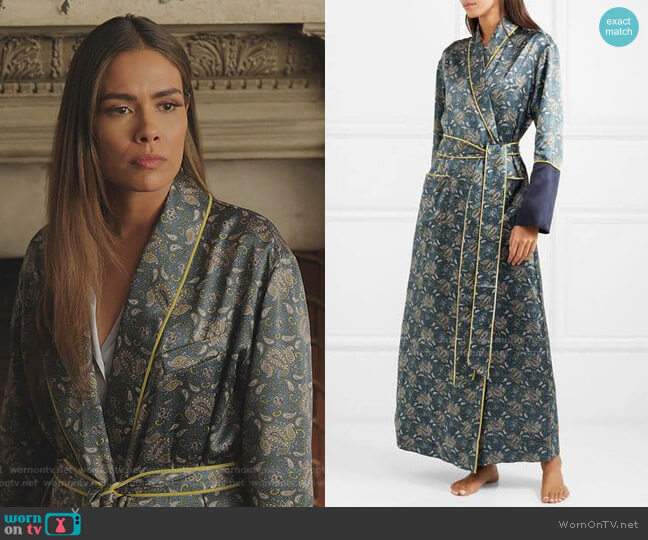 Bettina Printed Silk-Satin Robe by Olivia von Halle worn by Cristal Jennings (Daniella Alonso) on Dynasty