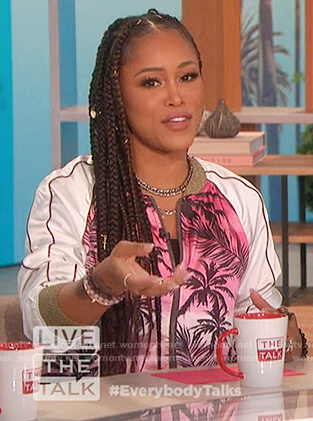 Eve's pink palm tree bomber jacket on The Talk