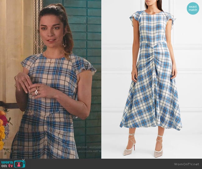 Dutch Ruched Checked Midi Dress by Paper London worn by Alexis Rose (Annie Murphy) on Schitts Creek