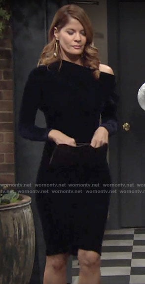 Phyllis’s dark blue velvet off-shoulder dress on The Young and the Restless