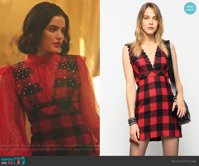 Pinko Check wool blend Melton dress worn by Katy Keene (Lucy Hale) on Riverdale