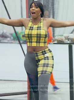 Porsha's yellow plaid sports bra and leggings on The Real Housewives of Atlanta