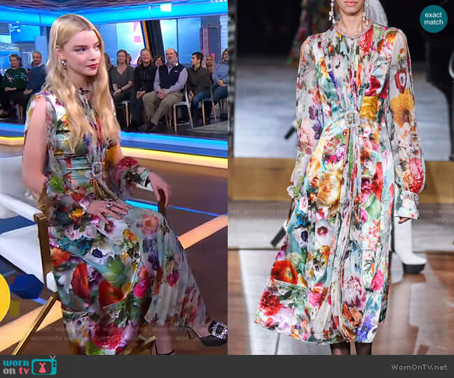 Pleated Floral Midi Dress by Prabal Gurung worn by Anya Taylor-Joy