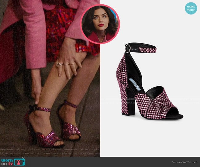 Prada Crystal-Embellished Satin Ankle-Strap Sandals worn by Katy Keene (Lucy Hale) on Katy Keene