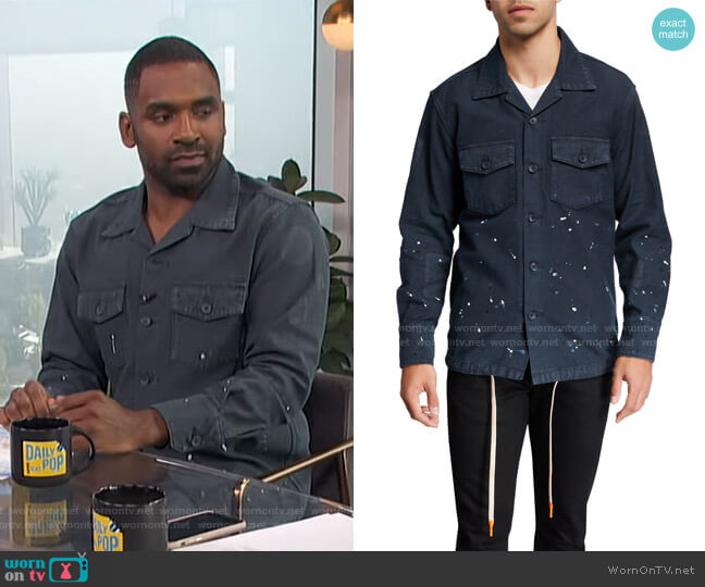 Paint-Splatter Fatigue Sport Shirt by Purple worn by Justin Sylvester on E! News