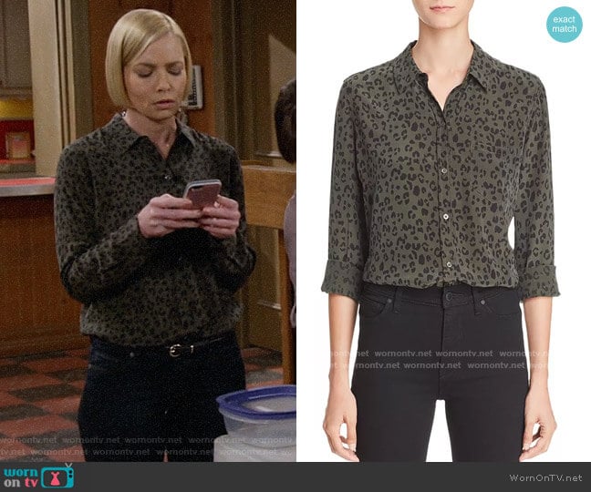 Rails Kate Silk Shirt in Olive Cheetah worn by Jill Kendall (Jaime Pressly) on Mom