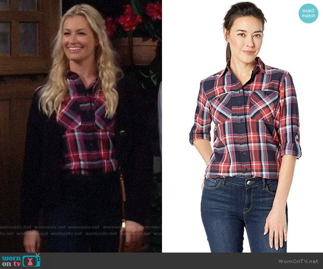 LAUREN Ralph Lauren Plaid Cotton Twill Roll-Tab Shirt worn by Gemma (Beth Behrs) on The Neighborhood