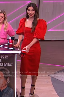 Lily Aldridge’s red puff sleeve midi dress on The Kelly Clarkson Show