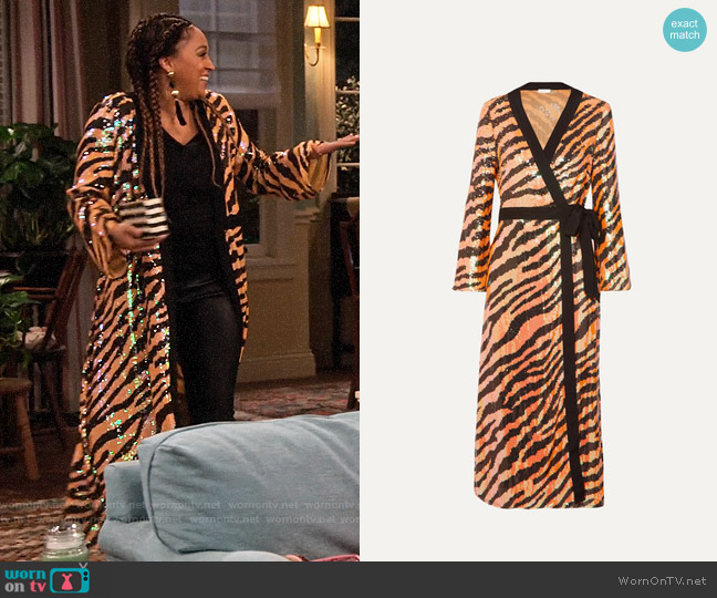 Rixo Gigi tiger-print sequined chiffon wrap dress worn by Cocoa McKellan (Tia Mowry-Hardrict) on Family Reunion