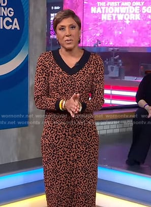 Robin’s brown leopard print sweater and skirt on Good Morning America