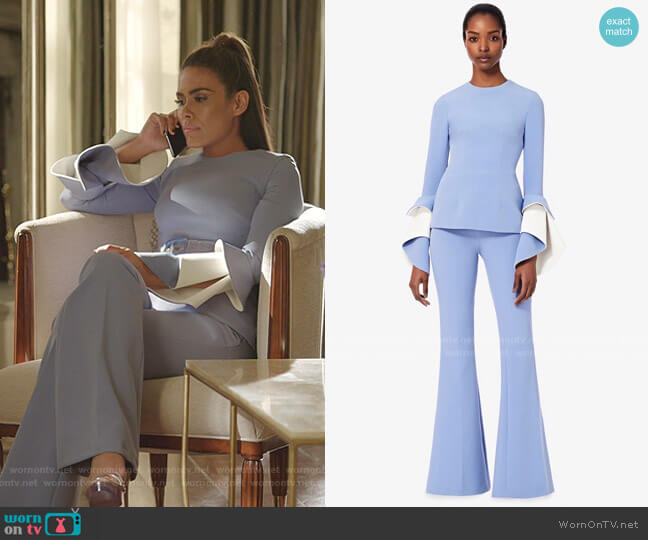 Meili Top and Halluana Blue Ash Trousers by Safiyaa worn by Cristal Jennings (Daniella Alonso) on Dynasty