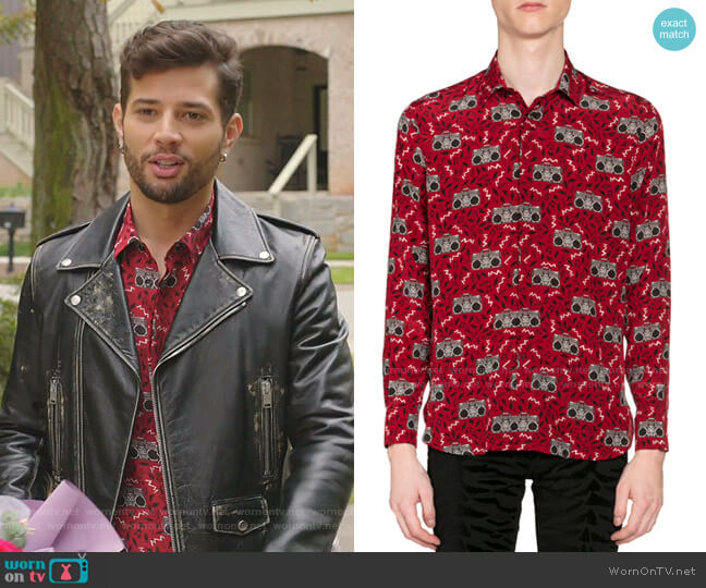 Radio-Print Long-Sleeve Silk Sport Shirt by Saint Laurent worn by Sam Flores (Rafael de la Fuente) on Dynasty